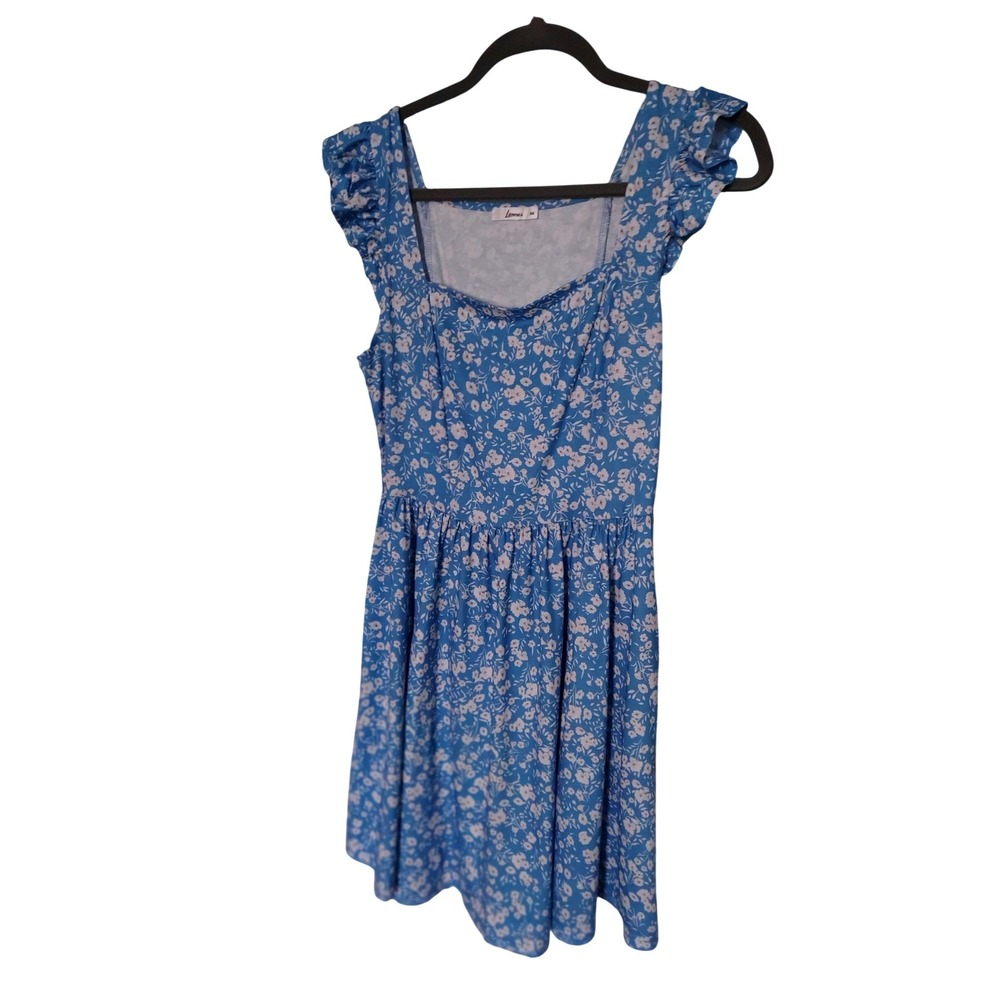 Loemes Blue Floral Ruffle Cap Sleeve Cottagecore Mini Dress Womens Size Medium